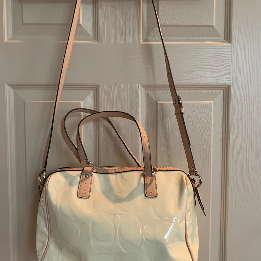 Coach Cream Patent Satchel with Tan Trim